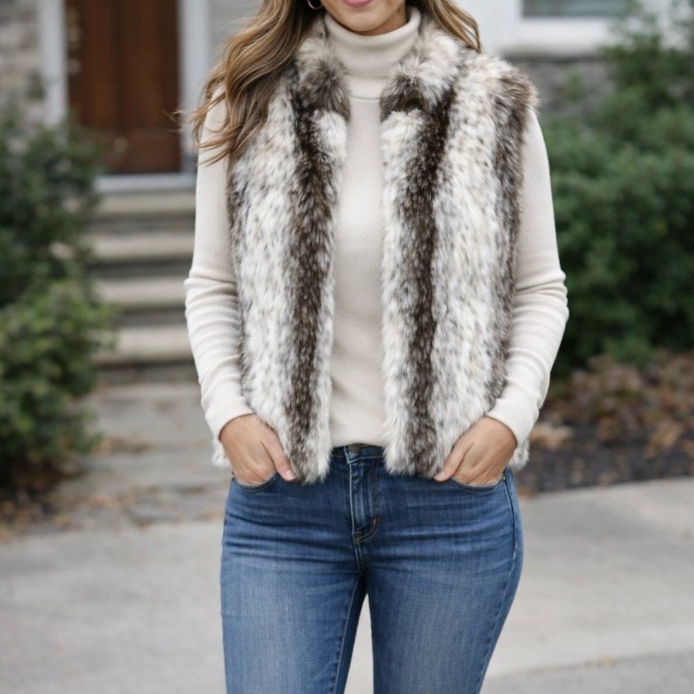 Preston & York Faux Fur Vest Jacket Fall Winter Size Large Women's